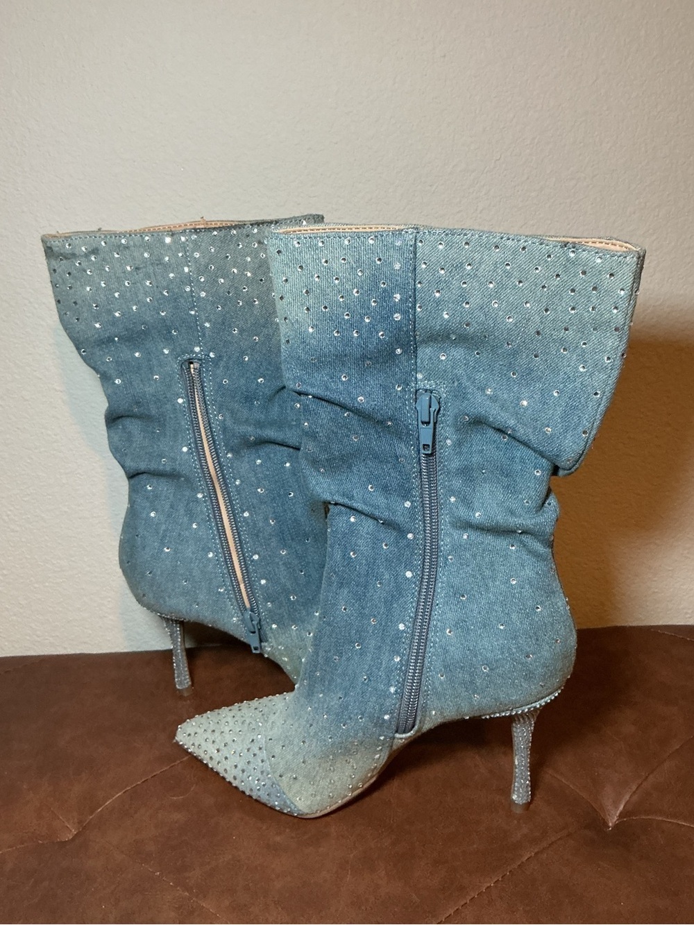 Embellished Gray Crystal Pointed Toe Stiletto Boot - Picture 3 of 8